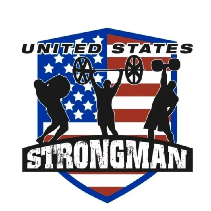 Silhouettes of three strongmen lifting weights in front of a shield with an American flag background, with the words 'United States' at the top and 'Strongman' at the bottom.