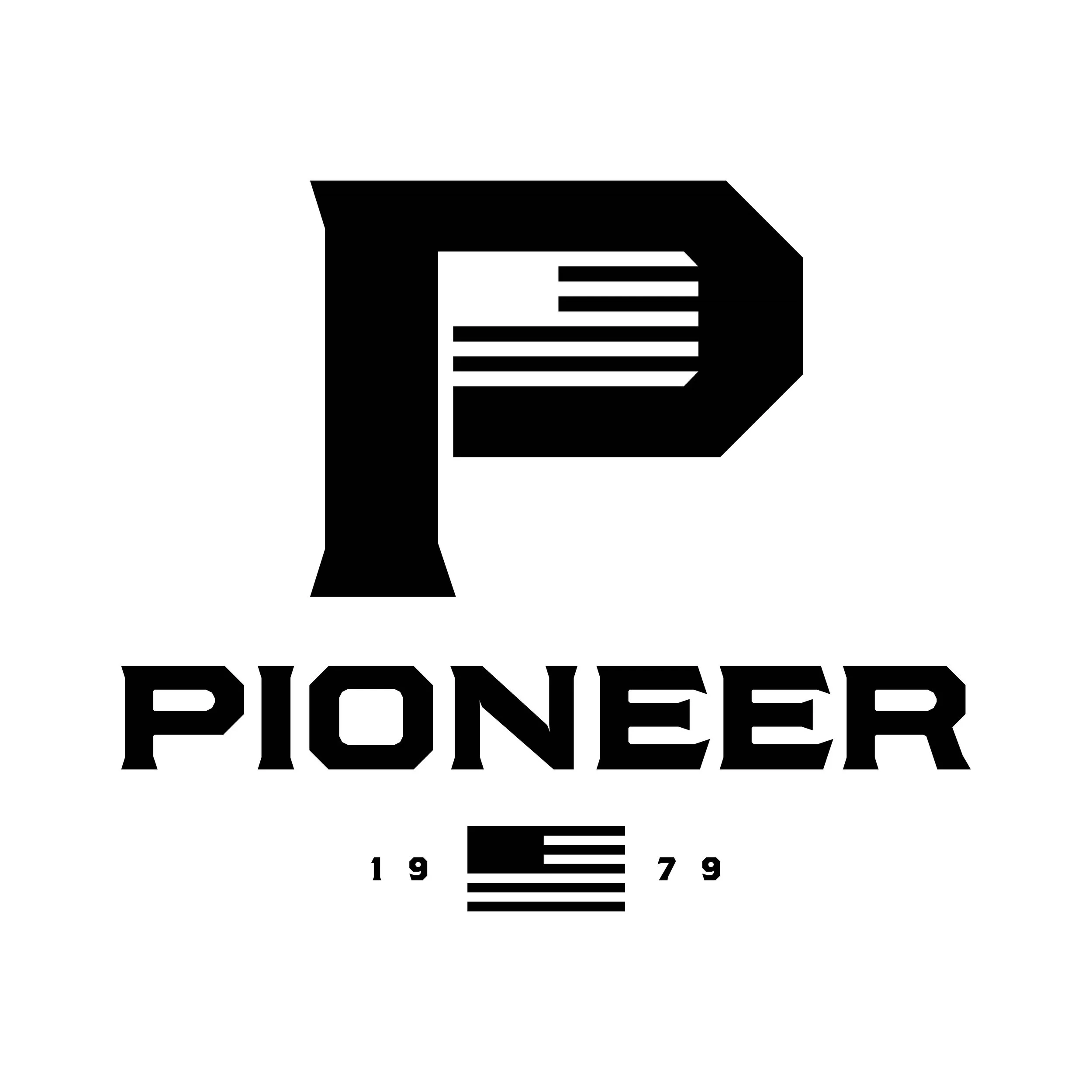 Black and white logo with the words "PIONEER" and "1979" separated by a barcode graphic.