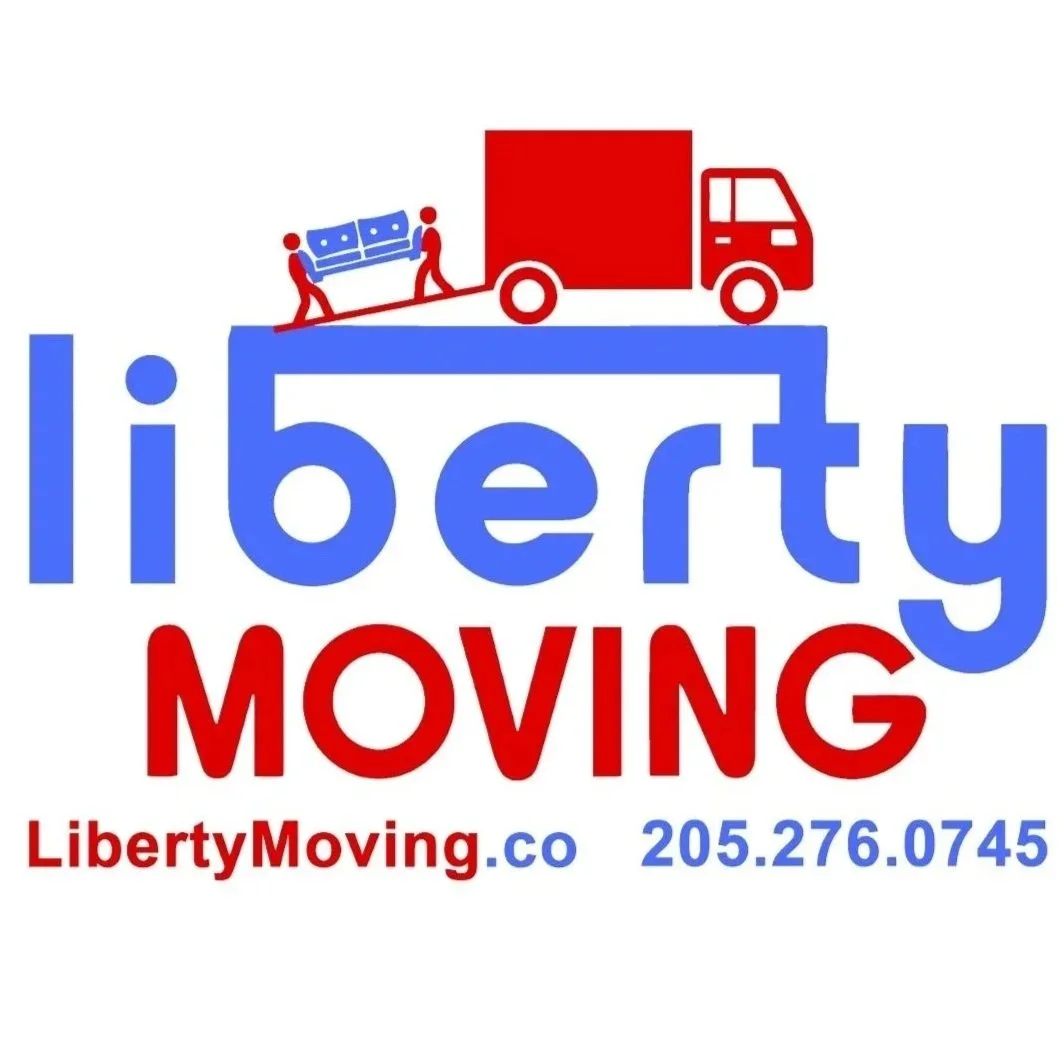 Logo for Liberty Moving with the company name in blue and red text, a graphic of two people lifting a blue couch into a red moving truck, the website LibertyMoving.co, and phone number 205.276.0745.