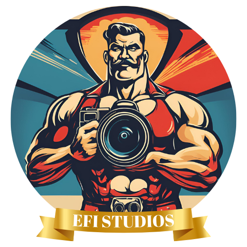 An illustrated muscular man with a mustache and styled hair, taking a selfie with a camera. Behind him is a colorful background with the text 'EFI STUDIOS' on a gold ribbon at the bottom.