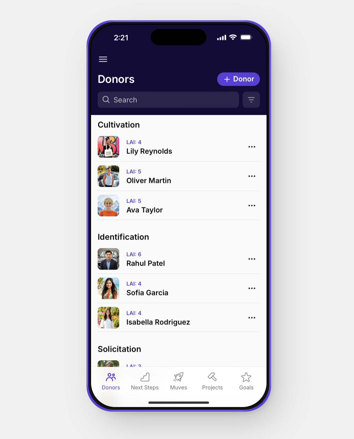 Mobile app screen showing a list of donors categorized as cultivation and identification, with profile pictures and names, and a navigation menu at the bottom including Donors, Next Steps, Muves, Projects, and Goals.