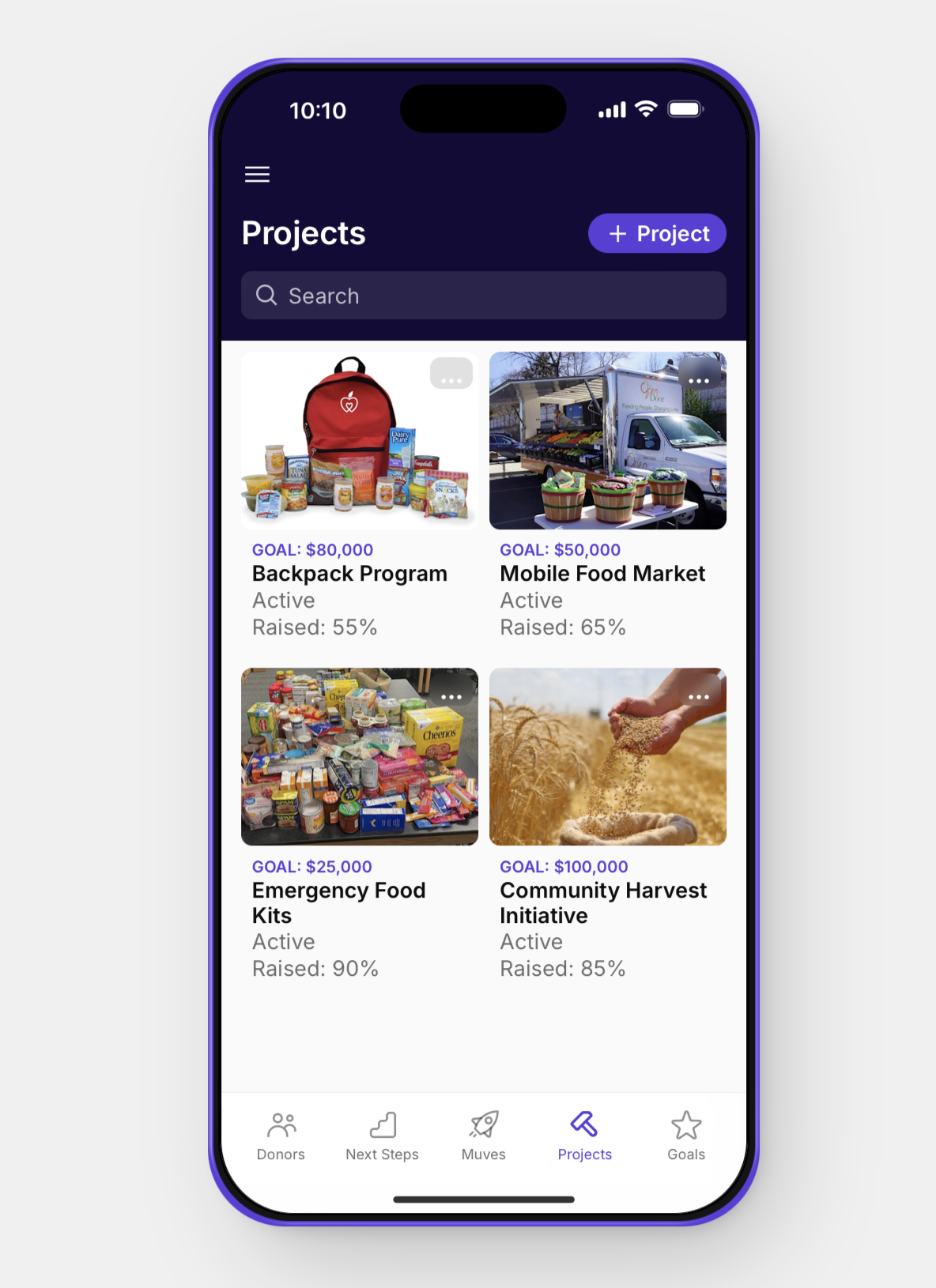A mobile app screen displaying community projects with images, progress goals, and statuses, including backpack program, mobile food market, emergency food kits, and community harvest initiative.