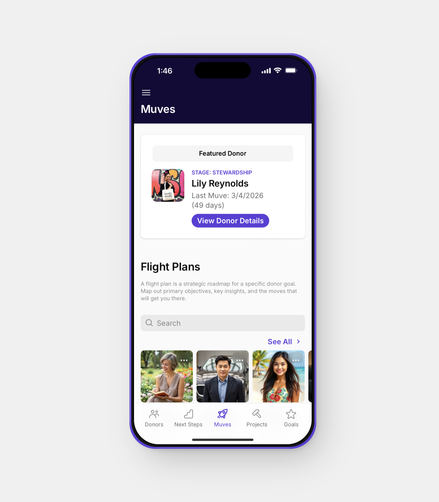 Mobile app screen displaying donor information, including featured donor Lily Reynolds, with navigation tabs at the bottom for Donors, Next Steps, Muves, Projects, and Goals.