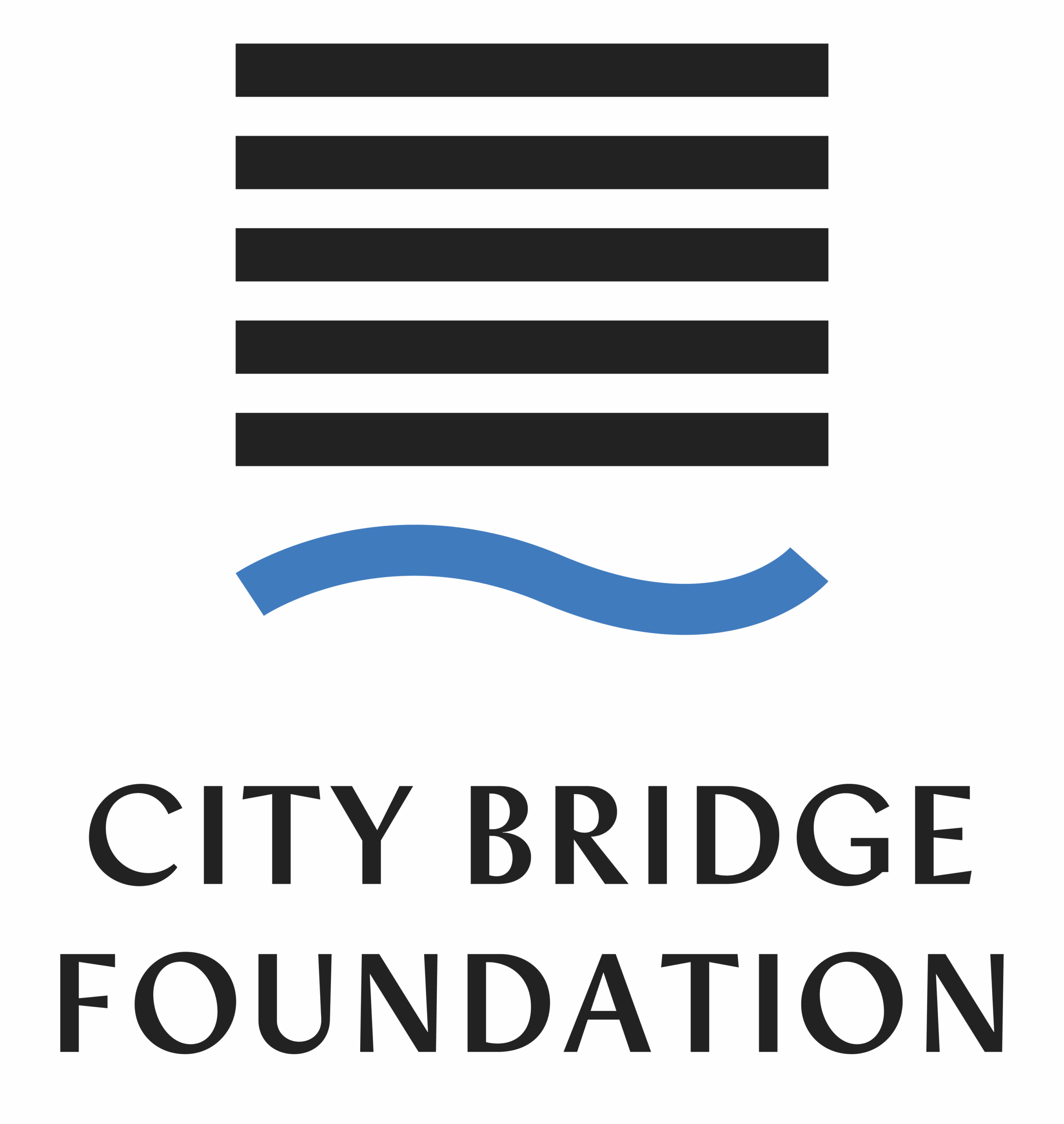 Logo of City Bridge Foundation featuring a stylized bridge and water below with the organization name.