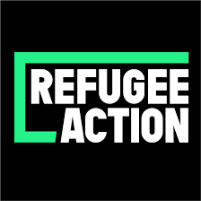 Refugee Action logo with white text and green border on black background.