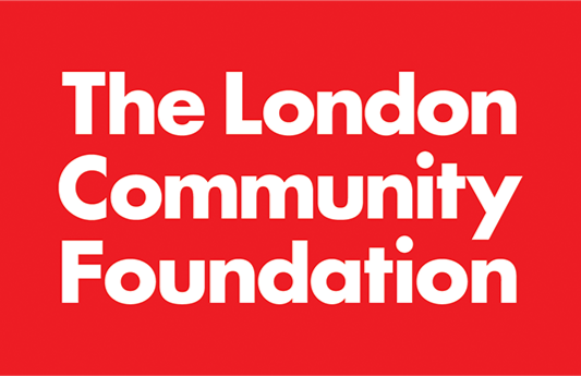 Red background with white text displaying "The London Community Foundation".