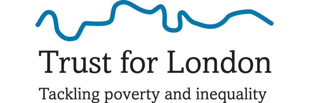 Logo for Trust for London with a blue wavy line above the text 'Trust for London' and the slogan 'Tackling poverty and inequality' underneath.