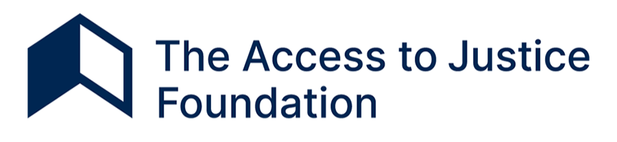 Logo of The Access to Justice Foundation featuring a dark blue open book icon with white pages and the organization's name in navy blue text.