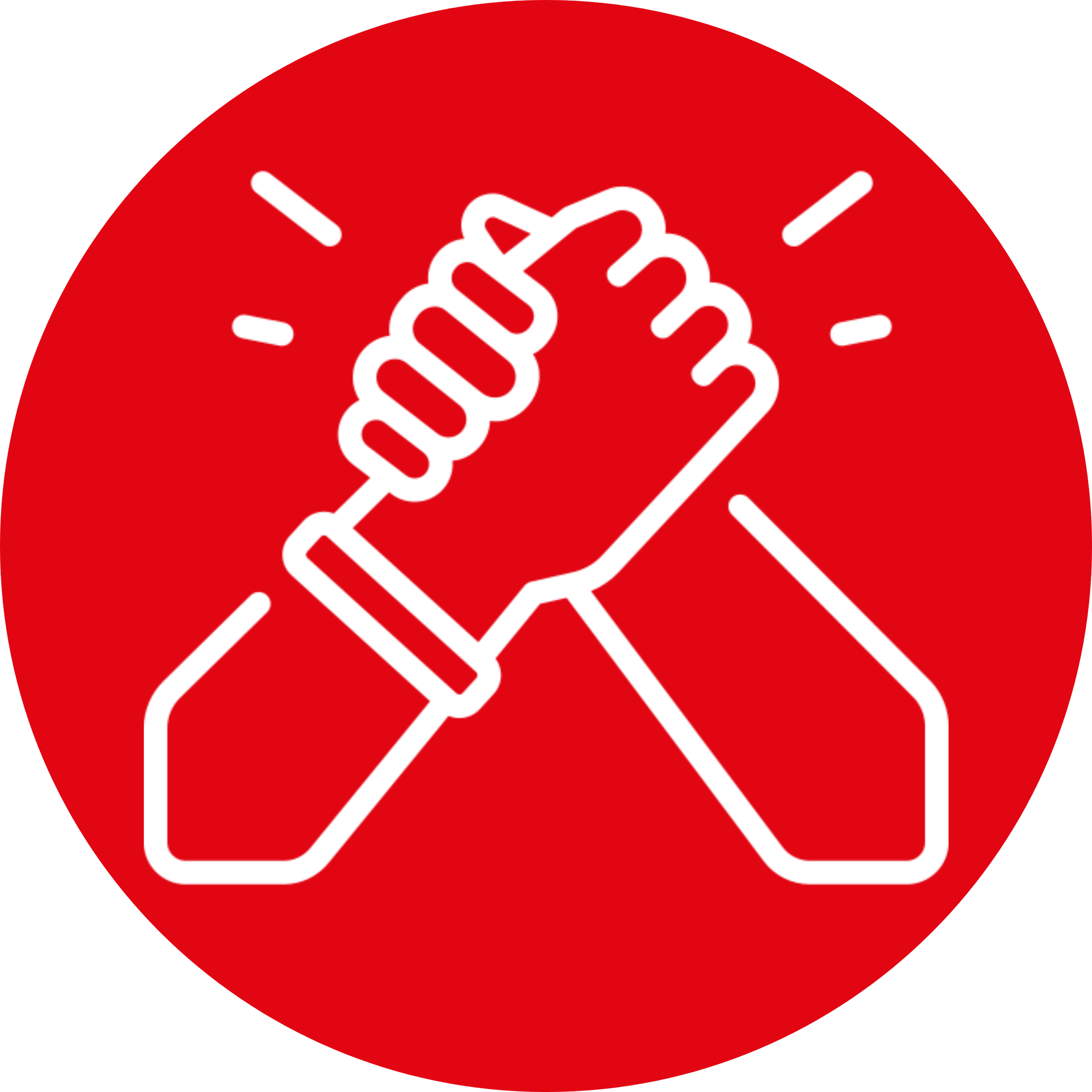 Red circle with a white outline of a clenched fist gripping a cable, with radiating lines indicating power or energy.