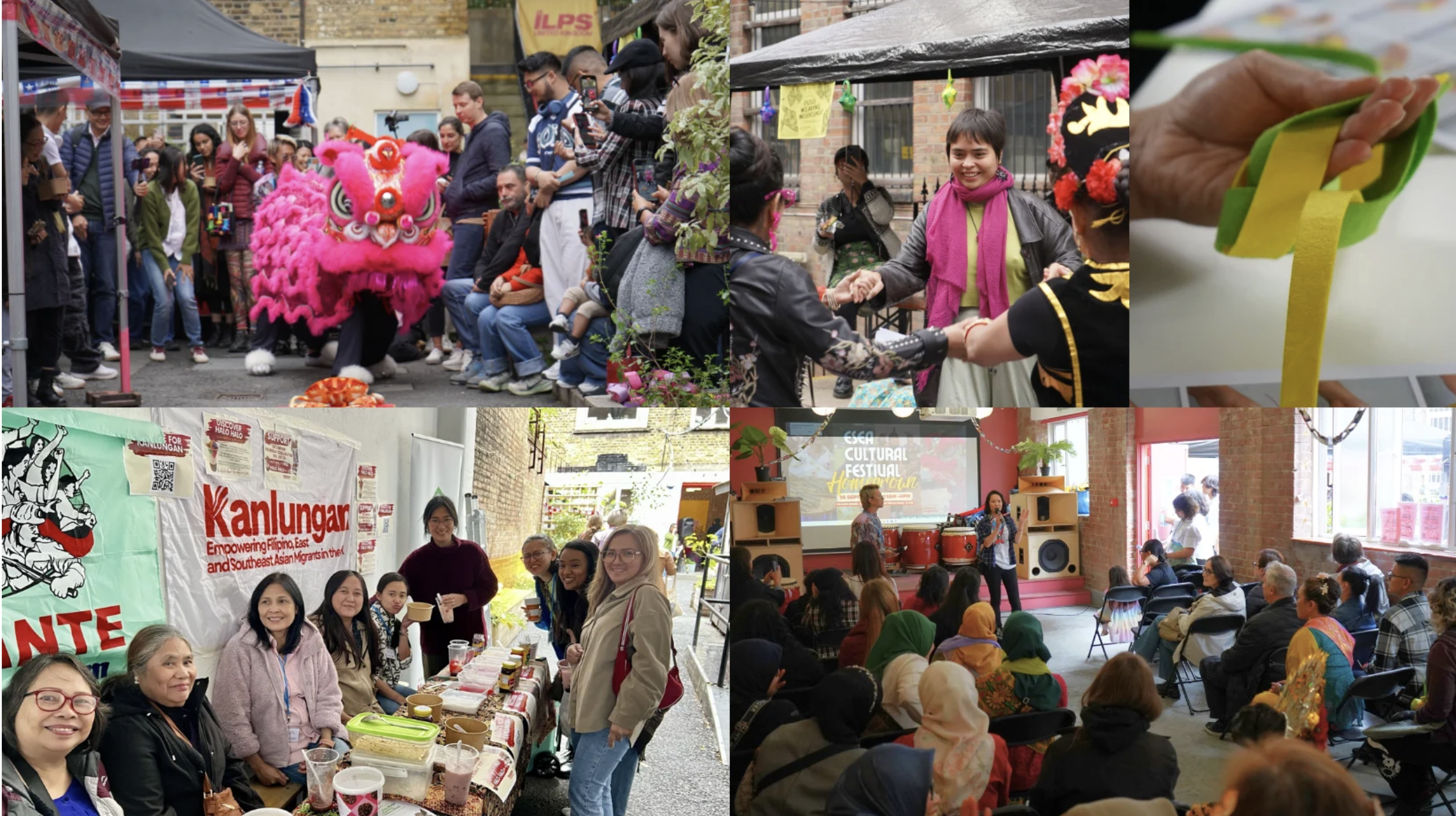 Collage of events at a cultural festival: a street parade with a pink lion dance costume and people taking photos, a woman dancing in traditional attire, crafting with colorful felt, community gathering with a banner for Kanlungan, indoor musical performance, and an audience attending a presentation or workshop.