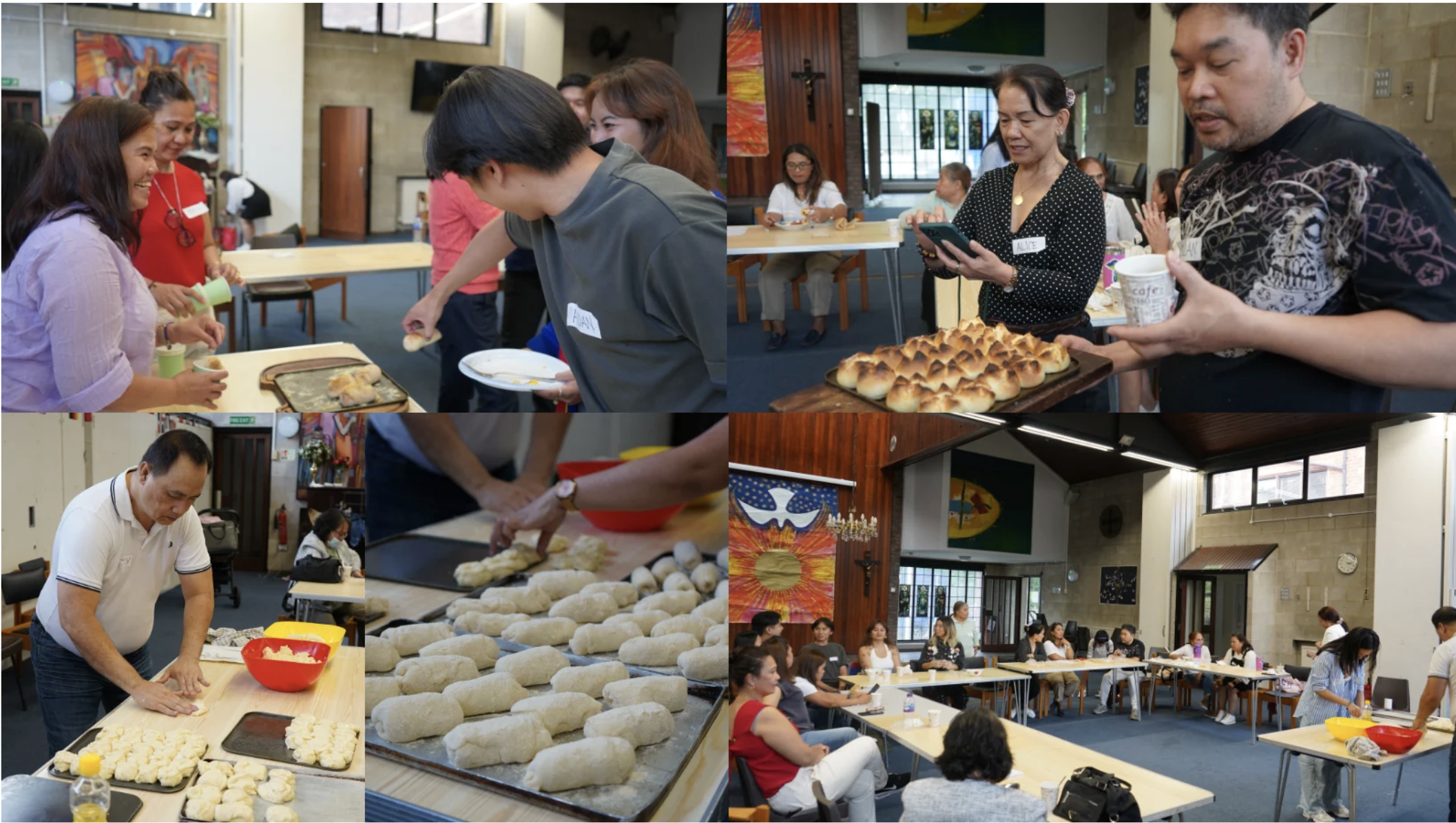 Group of people participating in a baking class making bread or buns indoors, with tables or counters covered in dough, baking trays with baked goods, and an audience or participants sitting and observing in the background.