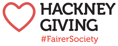 Hackney Giving logo with a red heart and hashtags #FairerSociety