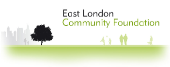 East London Community Foundation logo with black tree silhouette, green text, and light grey cityscape outline in the background.
