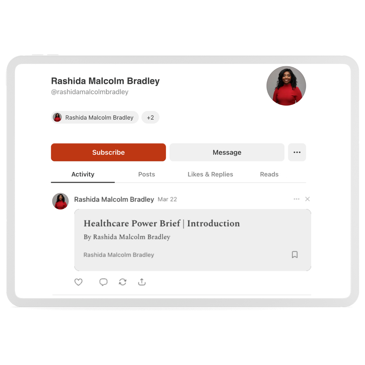 Digital screenshot of a social media profile for Rashida Malcolm Bradley showing profile picture, contact links, and a post titled 'Healthcare Power Brief | Introduction' by Rashida Malcolm Bradley.