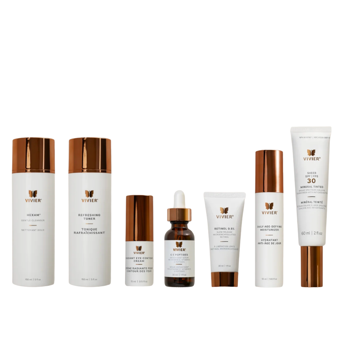 Skincare products including gentle cleanser, refreshing toner, eye contour cream, C peptides serum, retinol, mineral sunscreen, age-defying moisturizer, and tinted sunscreen from the Vivier brand.