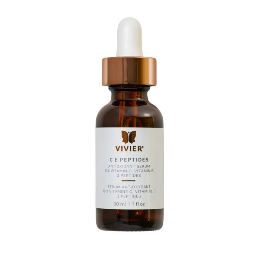 A brown glass dropper bottle labeled 'Vivier C E Peptides' with a white and gold dropper cap, containing antioxidant serum with 10% vitamin C, vitamin E, and 3 peptides.