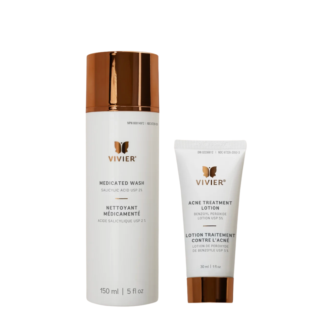 Two skincare products from Vivier: a medicated wash and an acne treatment lotion, both in white containers with bronze-colored caps and labels.