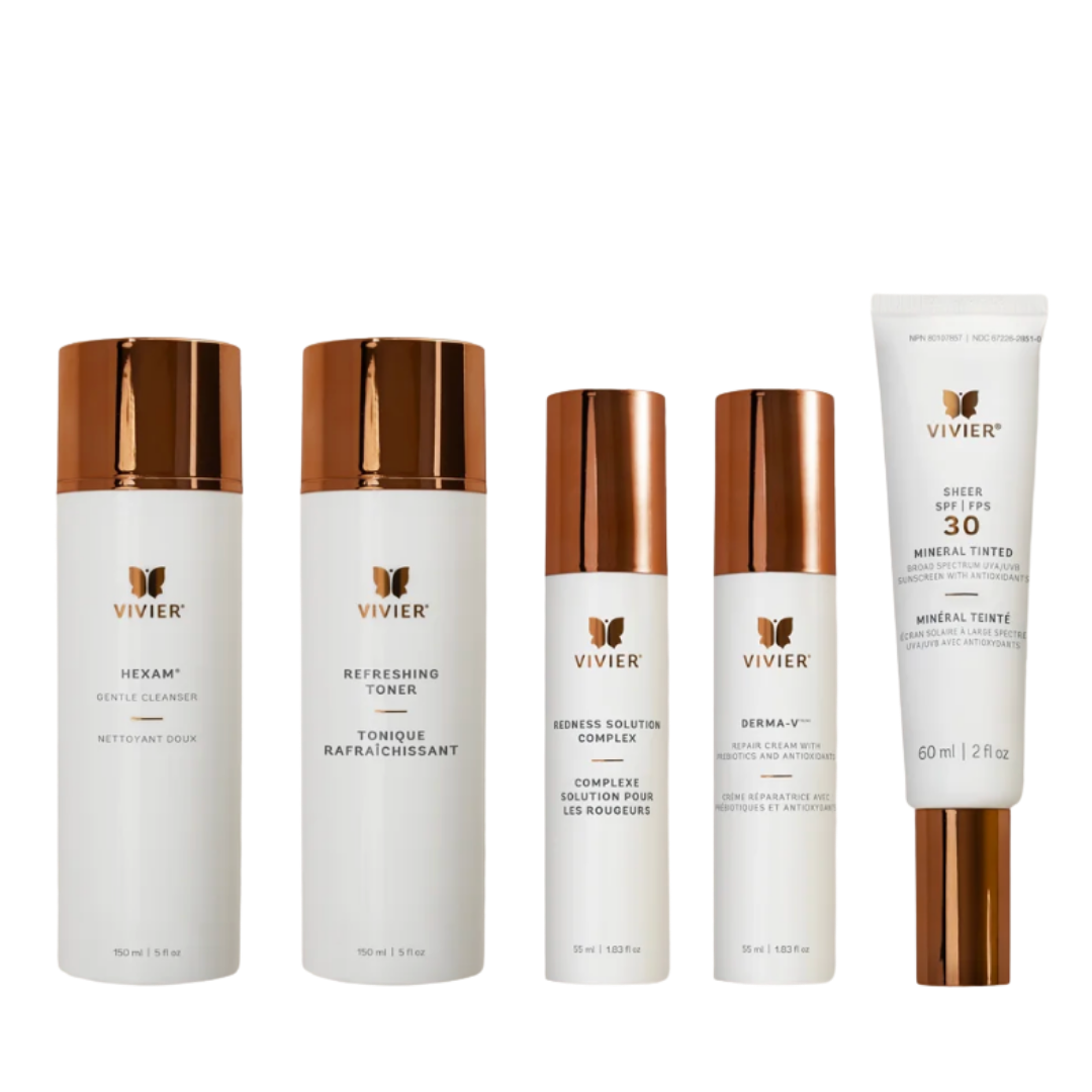 A collection of five Vivier skincare products with white bottles and rose gold caps, including a cleanser, toner, redness solution, repair cream, and tinted sunscreen.