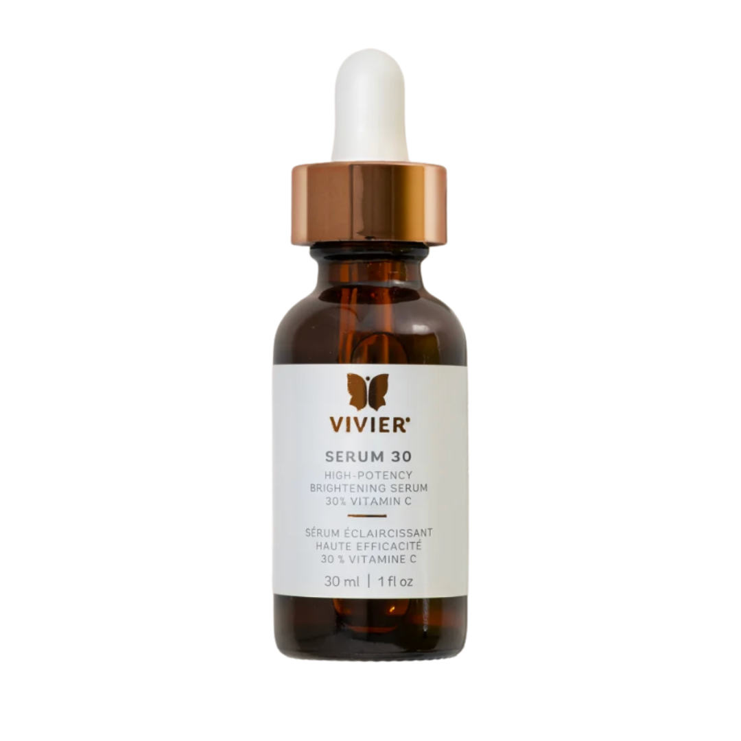 A brown glass dropper bottle labeled Vivier Serum 30, a brightening serum containing 30% vitamin C, with a white label and gold dropper top.