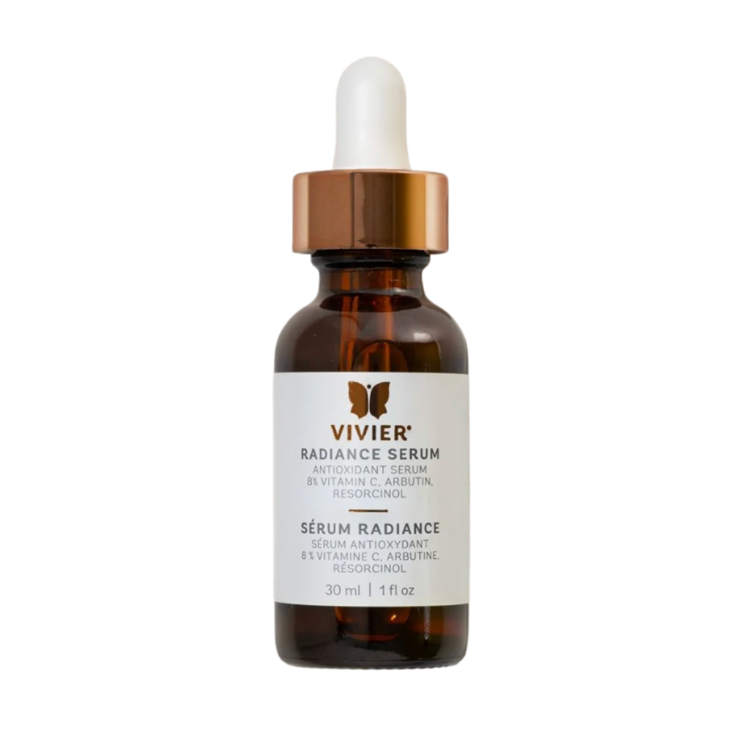Brown glass bottle of Vivier Radiance Serum with white label and dropper cap.