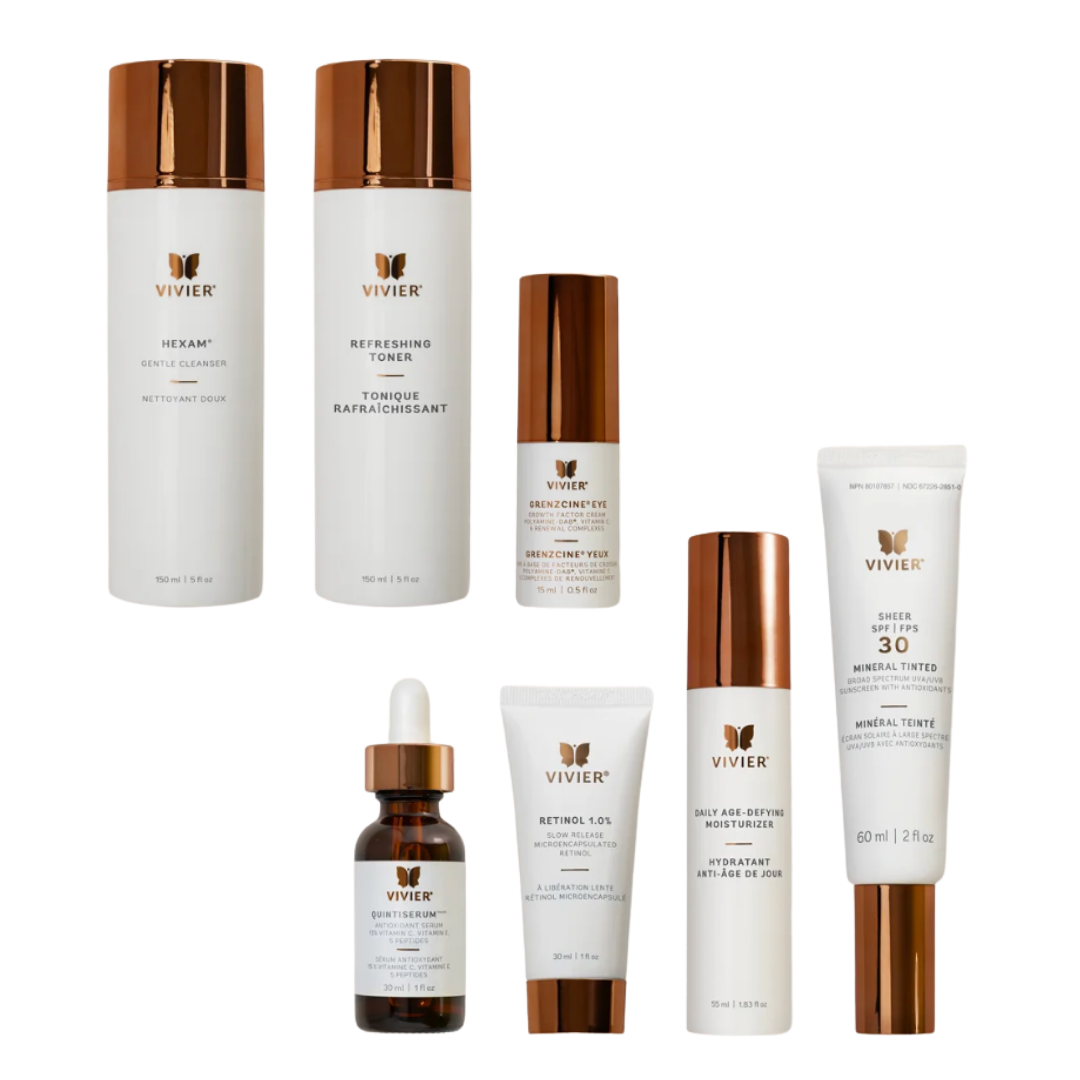 Collection of skincare and cosmetic products including cleansers, toners, eye cream, moisturizer, serum, retinol, and sunscreen from the brand Vivier, with white bottles and tubes featuring brown caps.