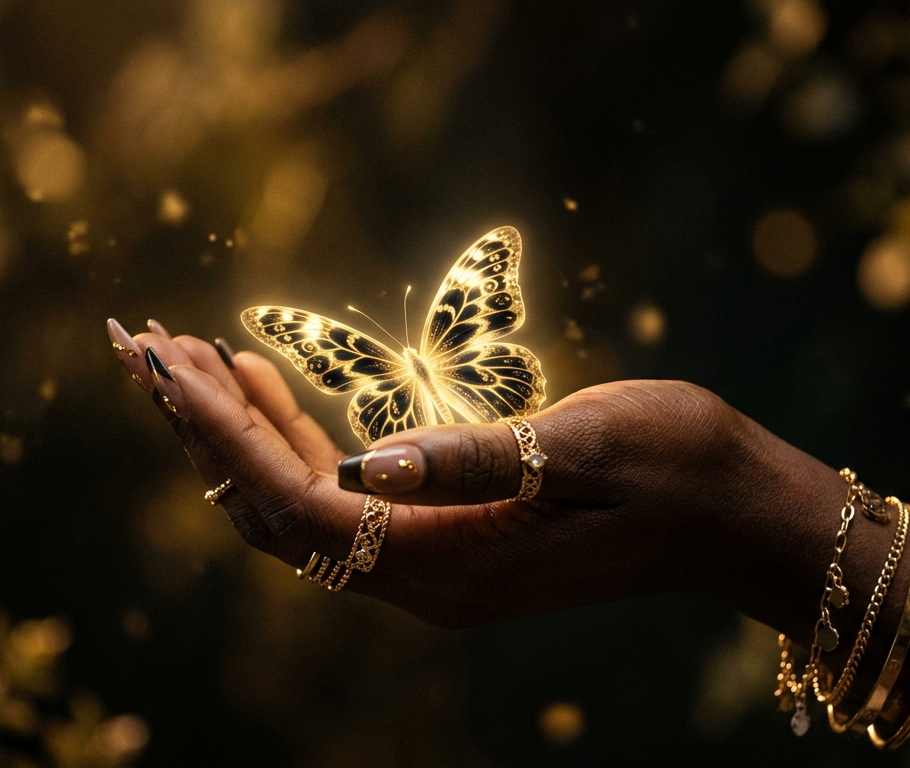 A dark-skinned hand with gold rings and bracelets holds a glowing, illuminated butterfly with black and gold wings, creating a magical or mystical scene against a dark background.