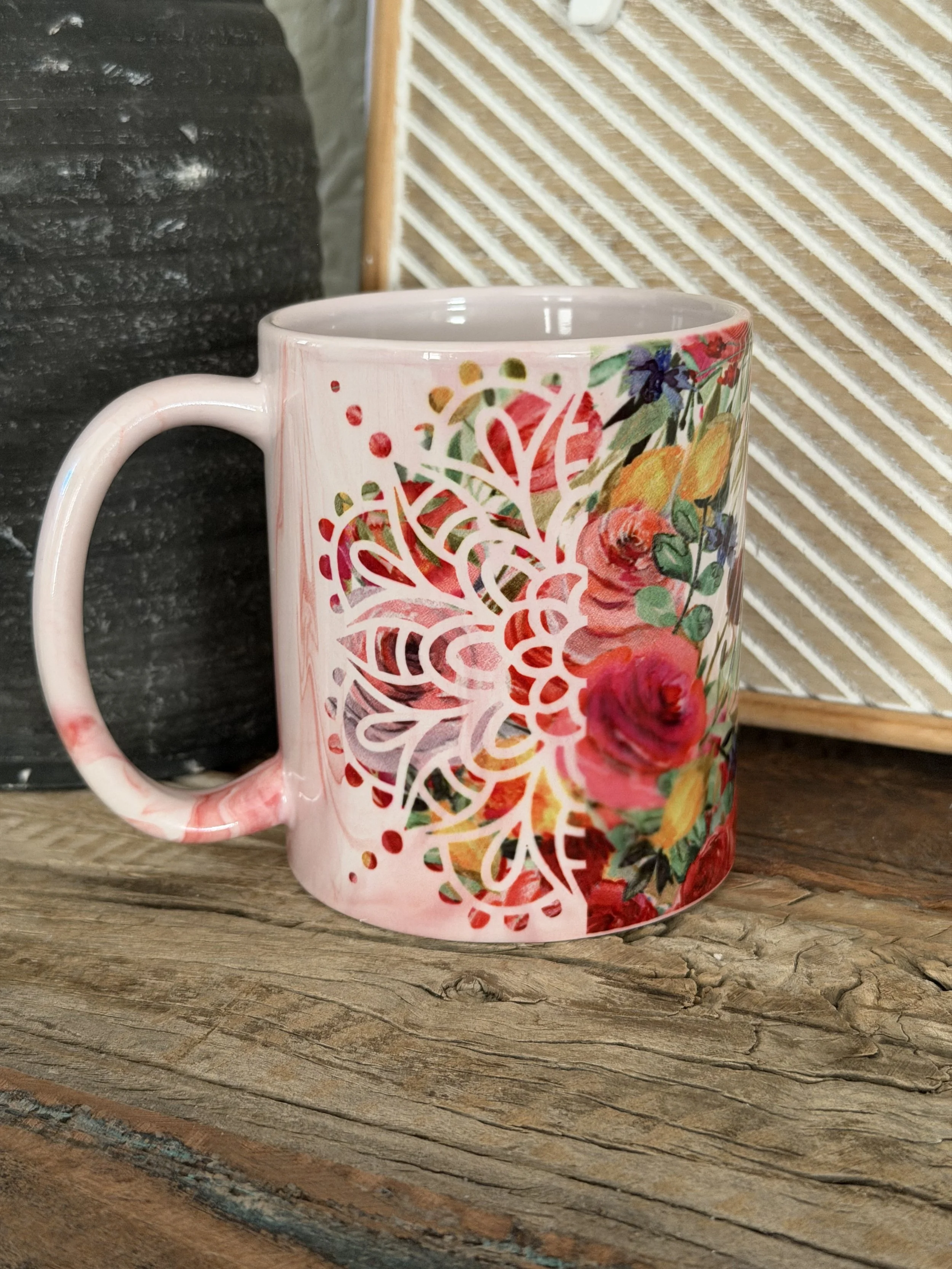 Classic Floral Mandala Mug 11oz in Pink Marble