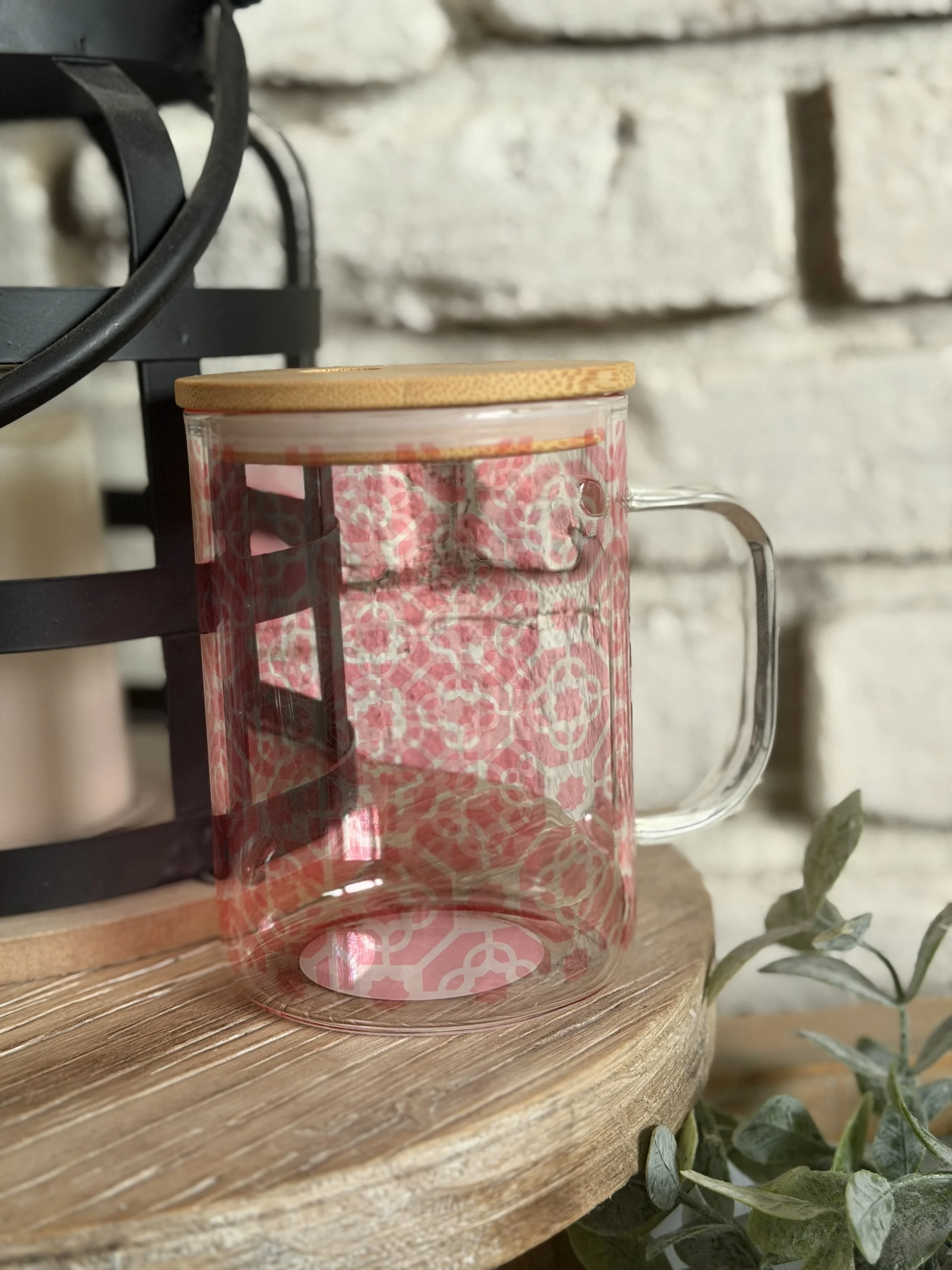 Soft Pink Geo Glass Mug 17oz with handle