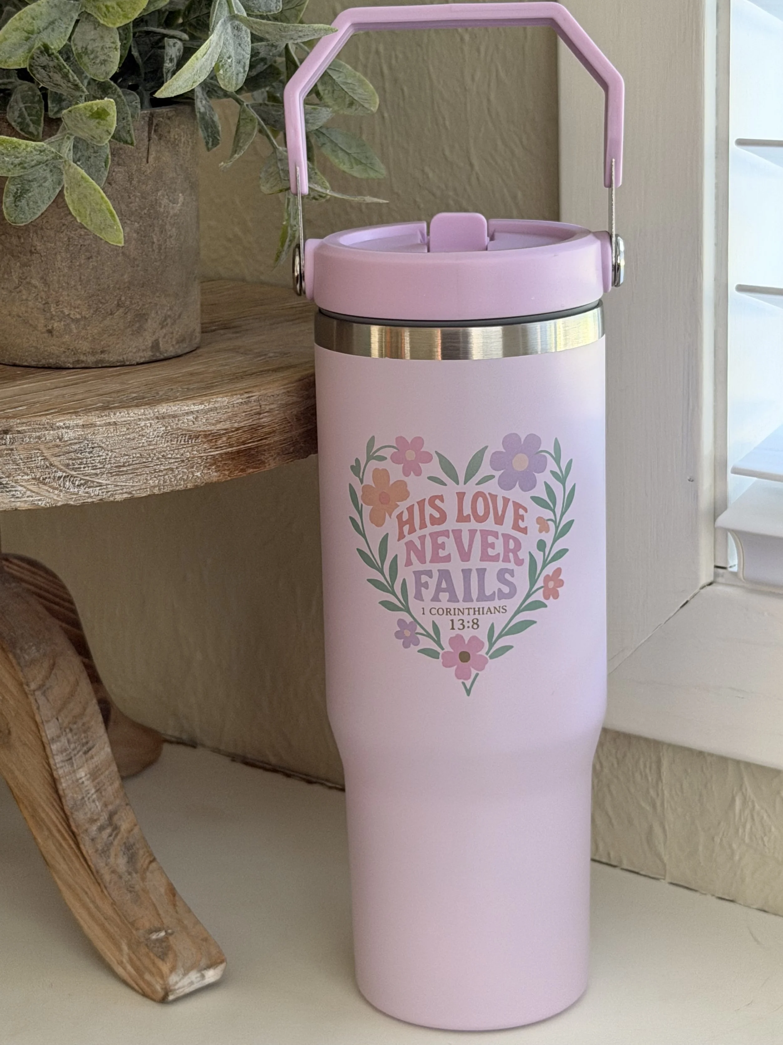 His Love Never Fails 30oz flip-straw tumbler