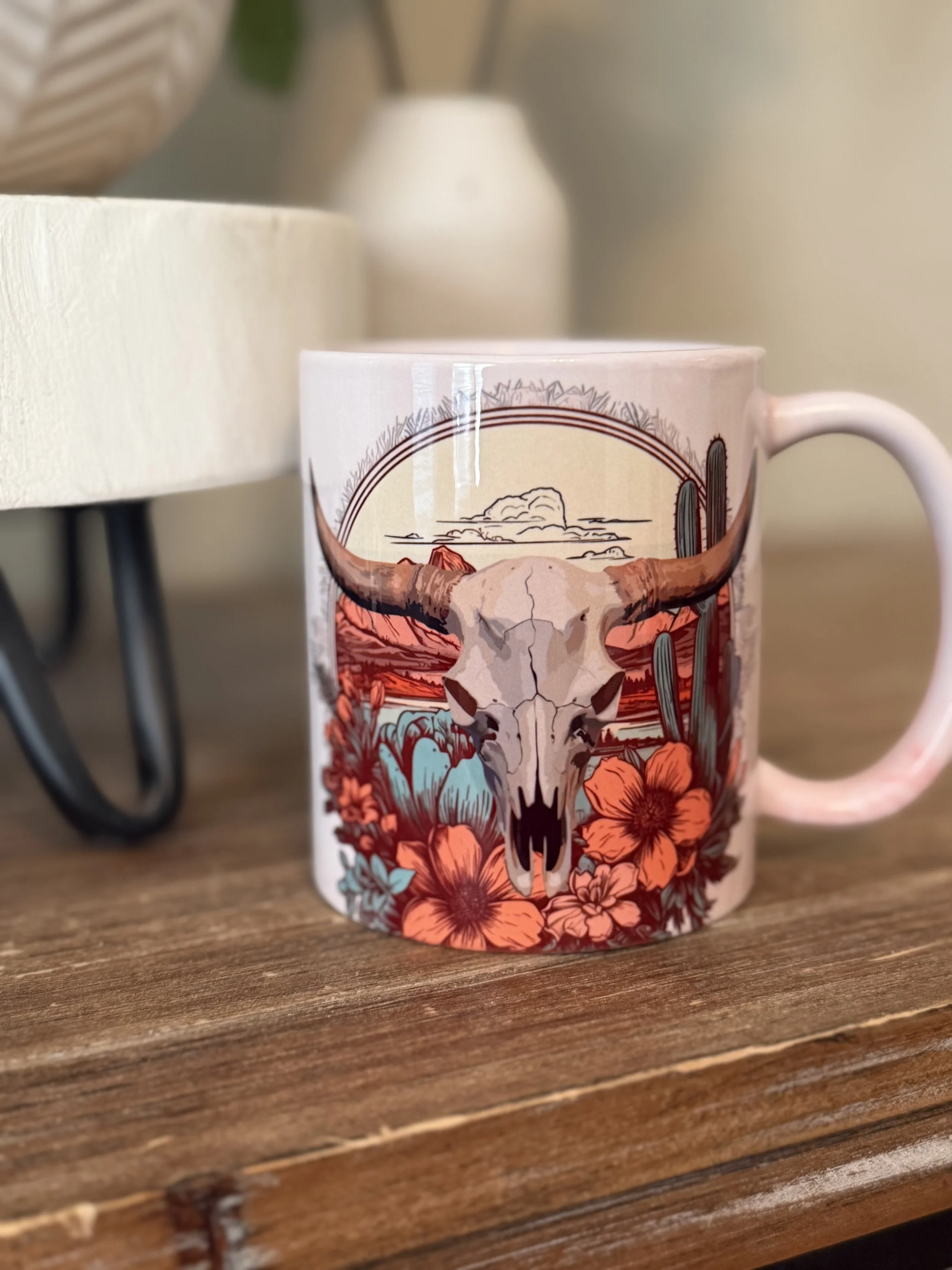 Cow Skull and Flowers Mug 11oz in Pink Marble