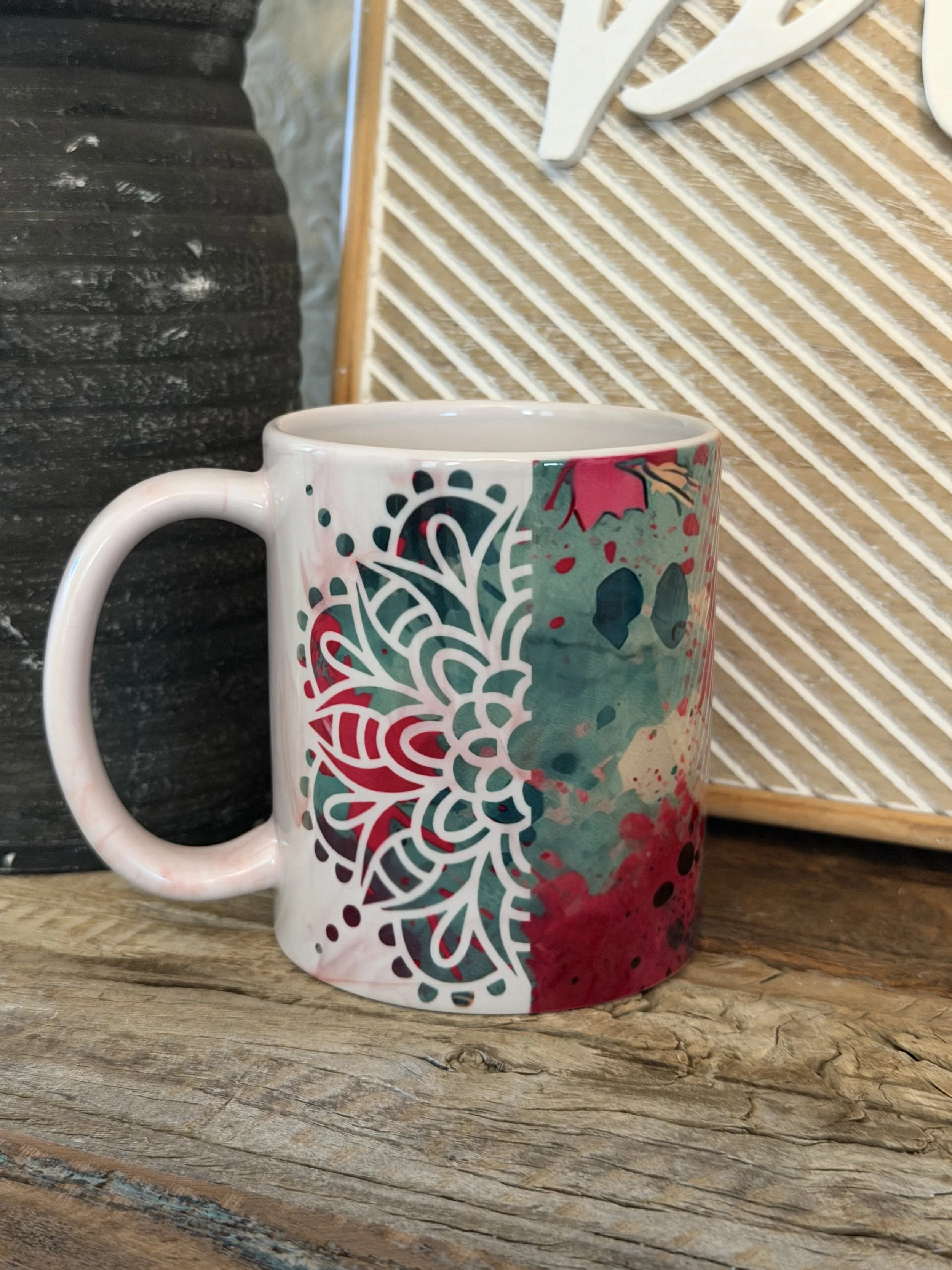 Splatter Floral Mandala Mug 11oz in Pink Marble