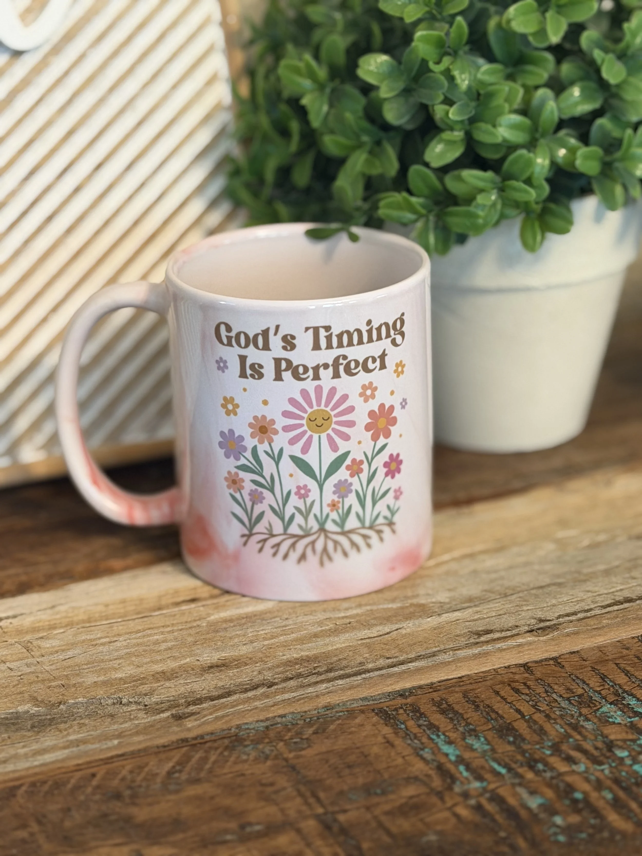God's Timing Mug 11oz in Pink Marble
