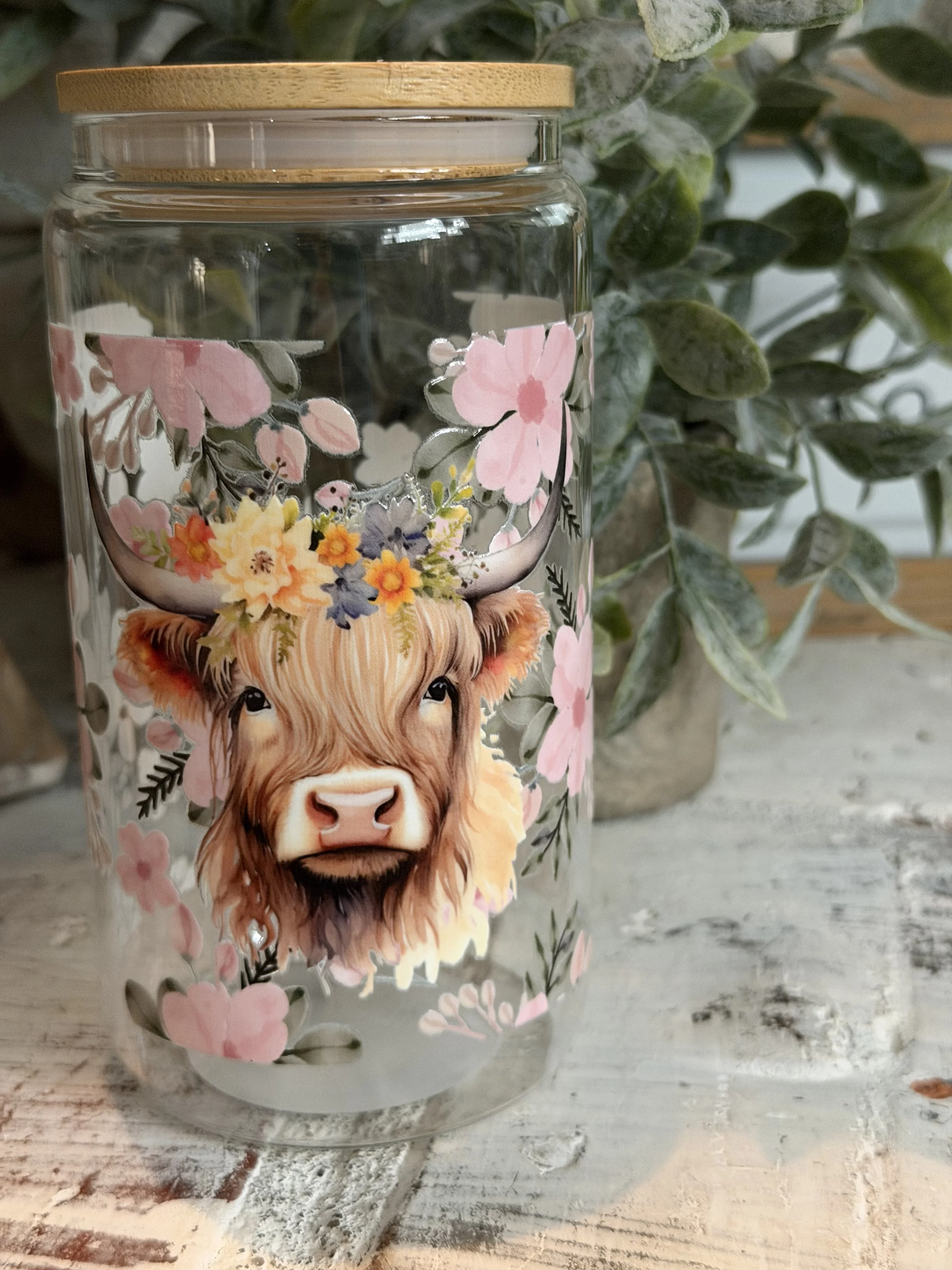 Pink Floral Highland Cow 16oz