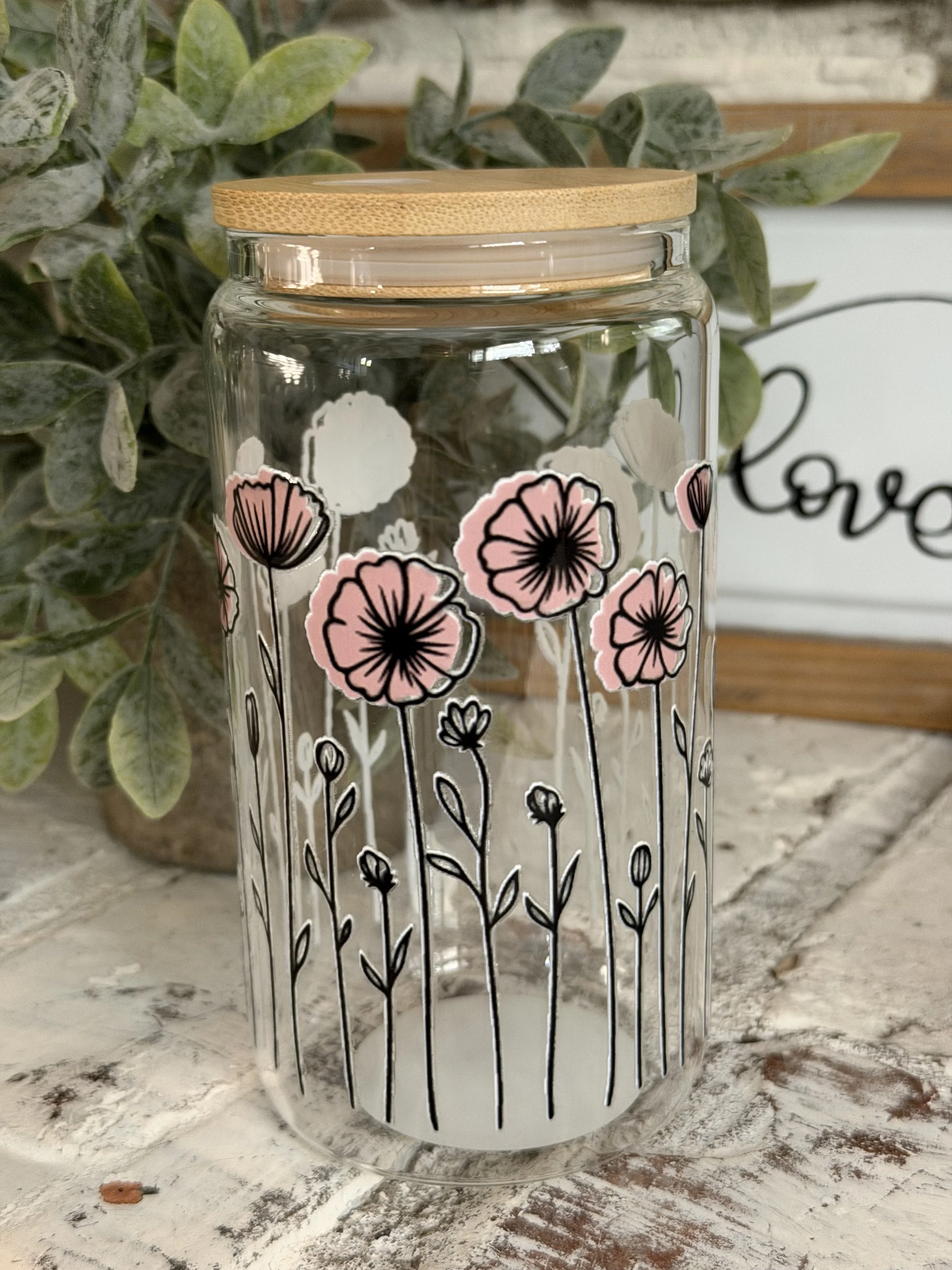 Bold Pink Flowers 16oz Glass