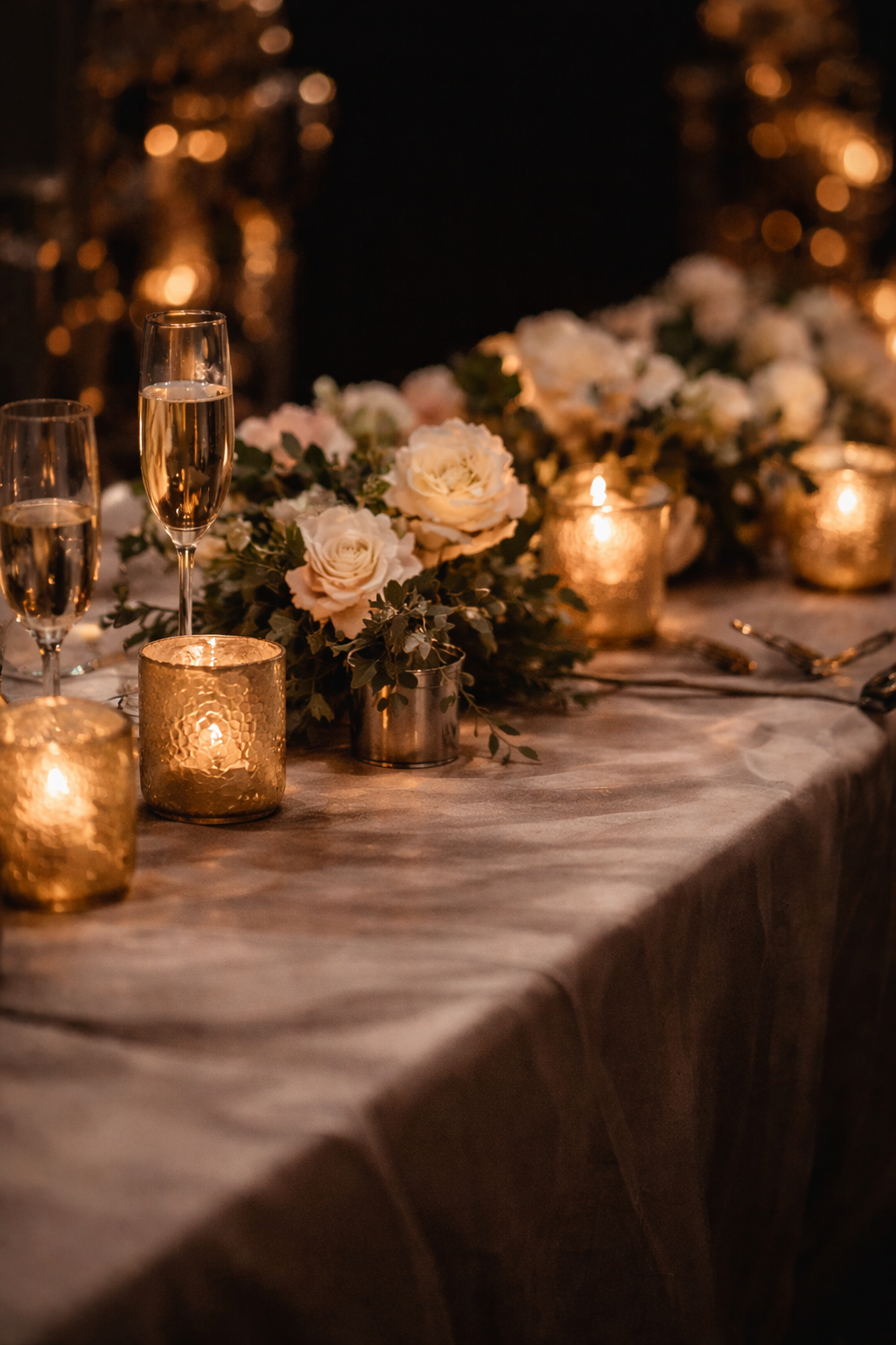 A table decorated with white roses, greenery, and gold votive candles, with glasses of champagne set for a formal event.