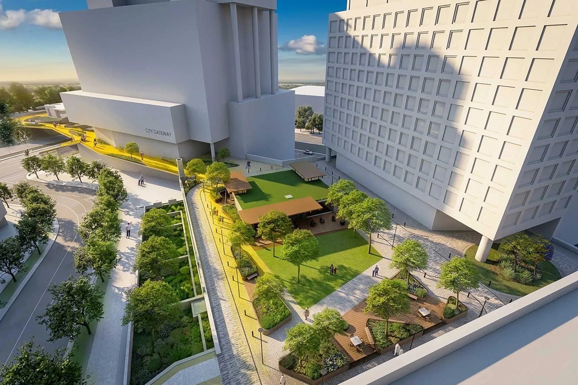 Shops, dining, and gathering space anchoring downtown's southern edge.