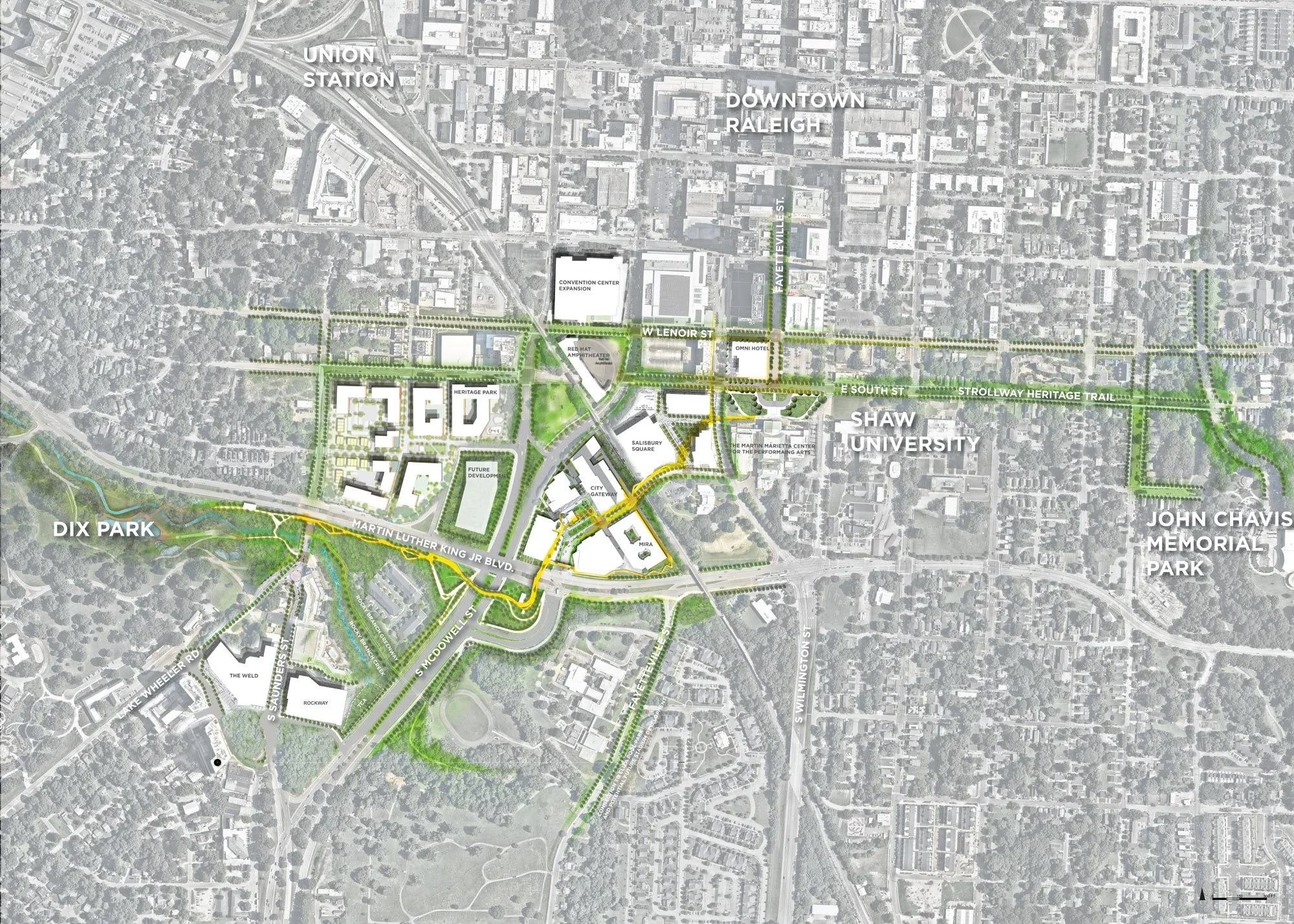 Connecting Fayetteville Street, City Gateway, and regional trails directly to Dix Park.