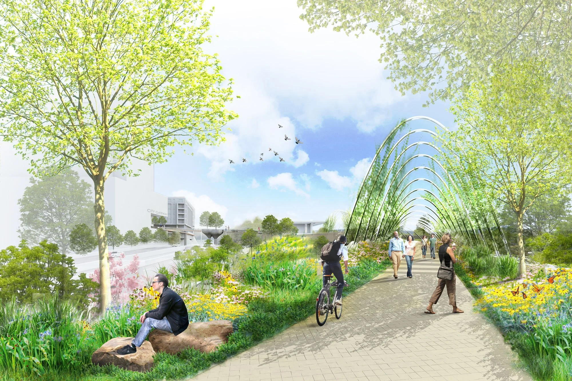 People walking and relaxing in a green urban park with trees, flowers, and a covered walkway, with a cityscape in the background.