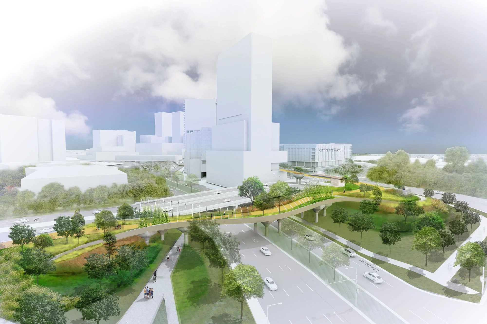 An elevated parkway through canopy trees and flowing grasses.