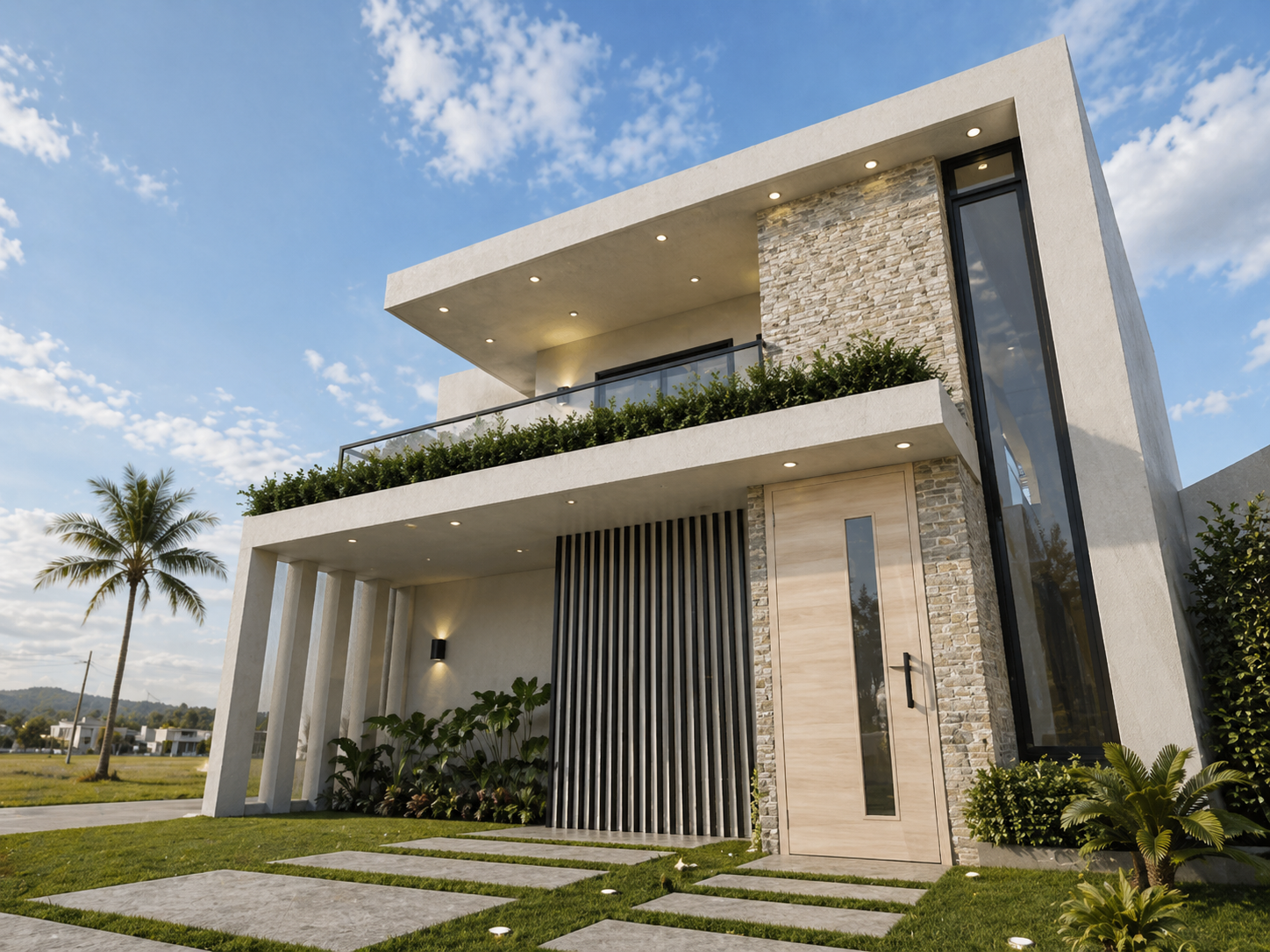 Modern two-story house with stone and white exterior, large glass windows, a balcony with greenery, and an entry door with vertical glass panel, set against a clear blue sky with scattered clouds.