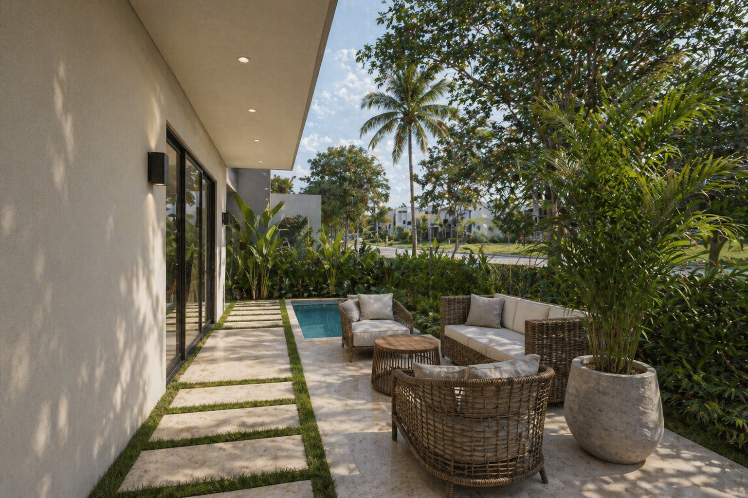Outdoor patio with wicker furniture, a small swimming pool, and lush tropical plants in front of modern white house with large sliding glass doors.