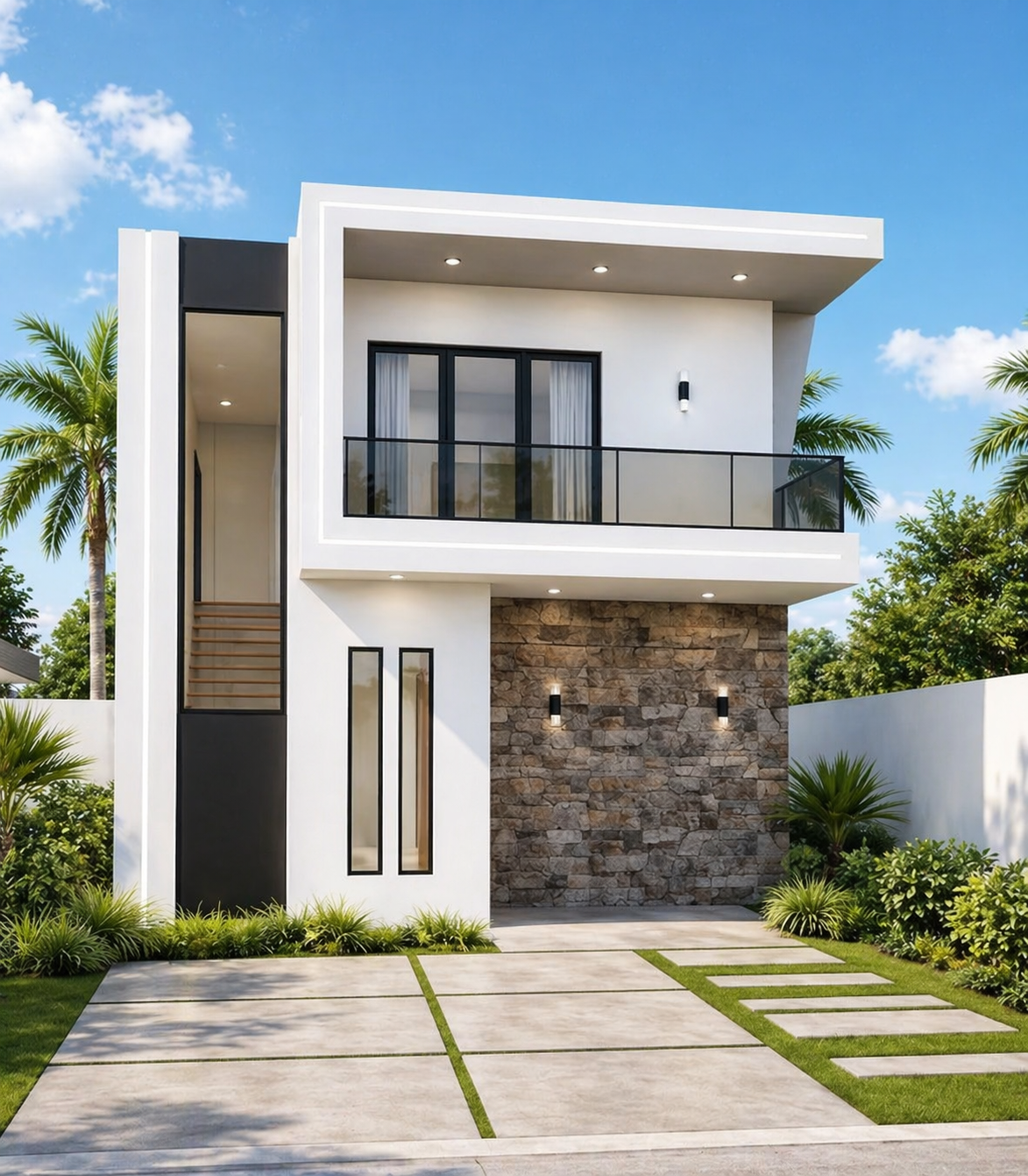 Modern two-story house with stone accent wall, white walls, large glass windows, and balcony with glass railing. Surrounded by lush greenery and a paved walkway.