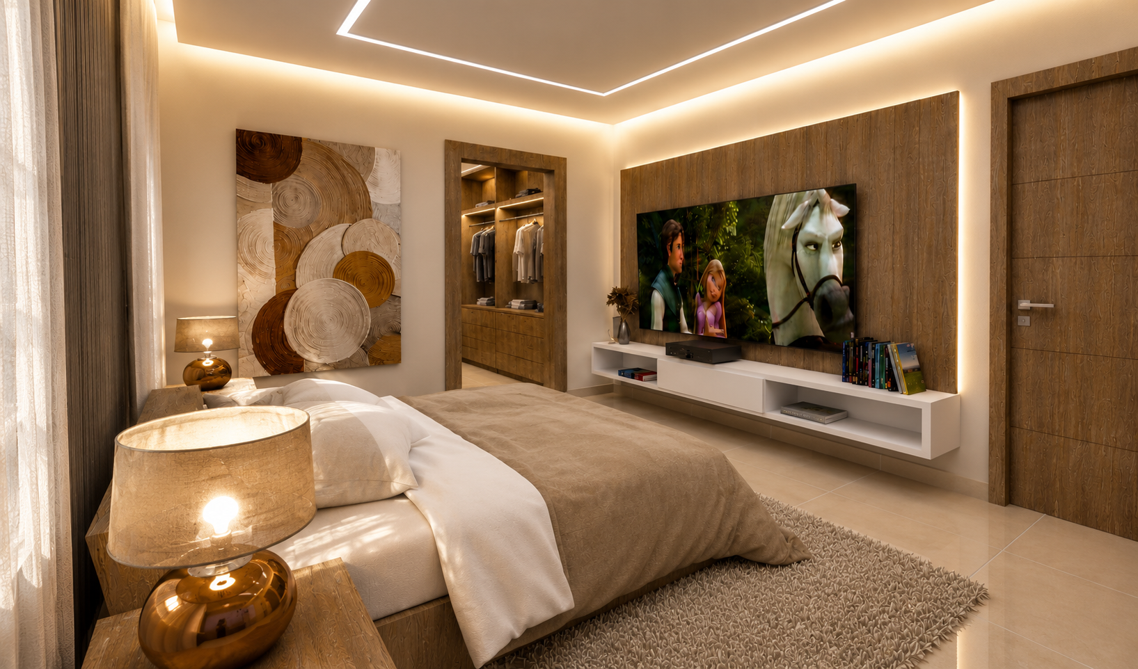 Modern bedroom with a large bed, beige bedding, wooden nightstands with matching lamps, abstract wall art, a flat-screen TV displaying animated characters, and an open closet with clothing. The room features warm lighting, wooden accents, and a textu