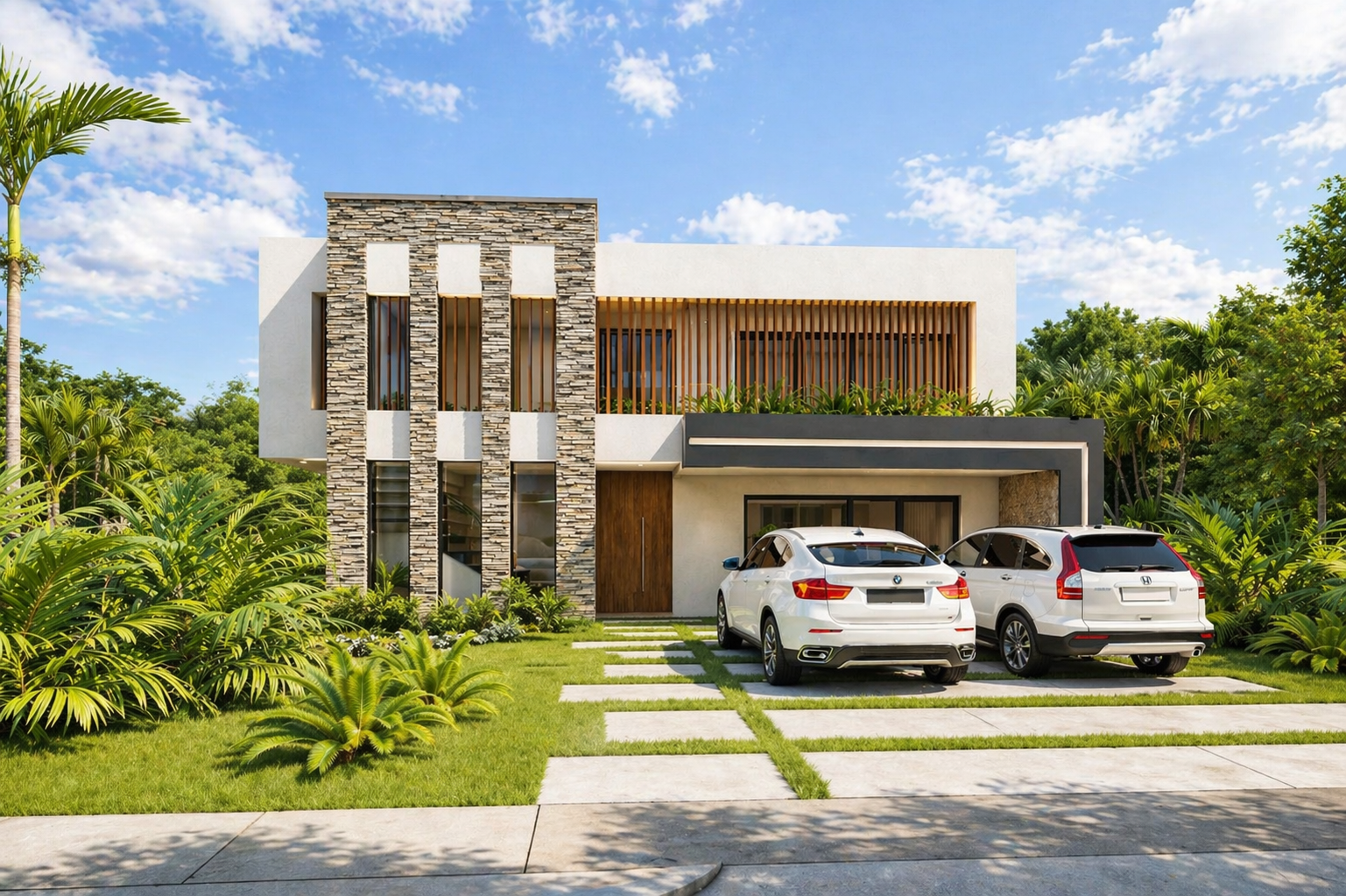Modern two-story house with stone and white exterior, wooden accents, lush landscaping, and two parked cars in the driveway.