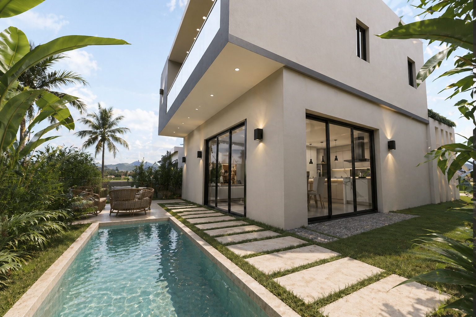 Modern two-story house with large glass sliding doors, outdoor pool with stepping stones, tropical plants, and outdoor seating area, under a partly cloudy sky.