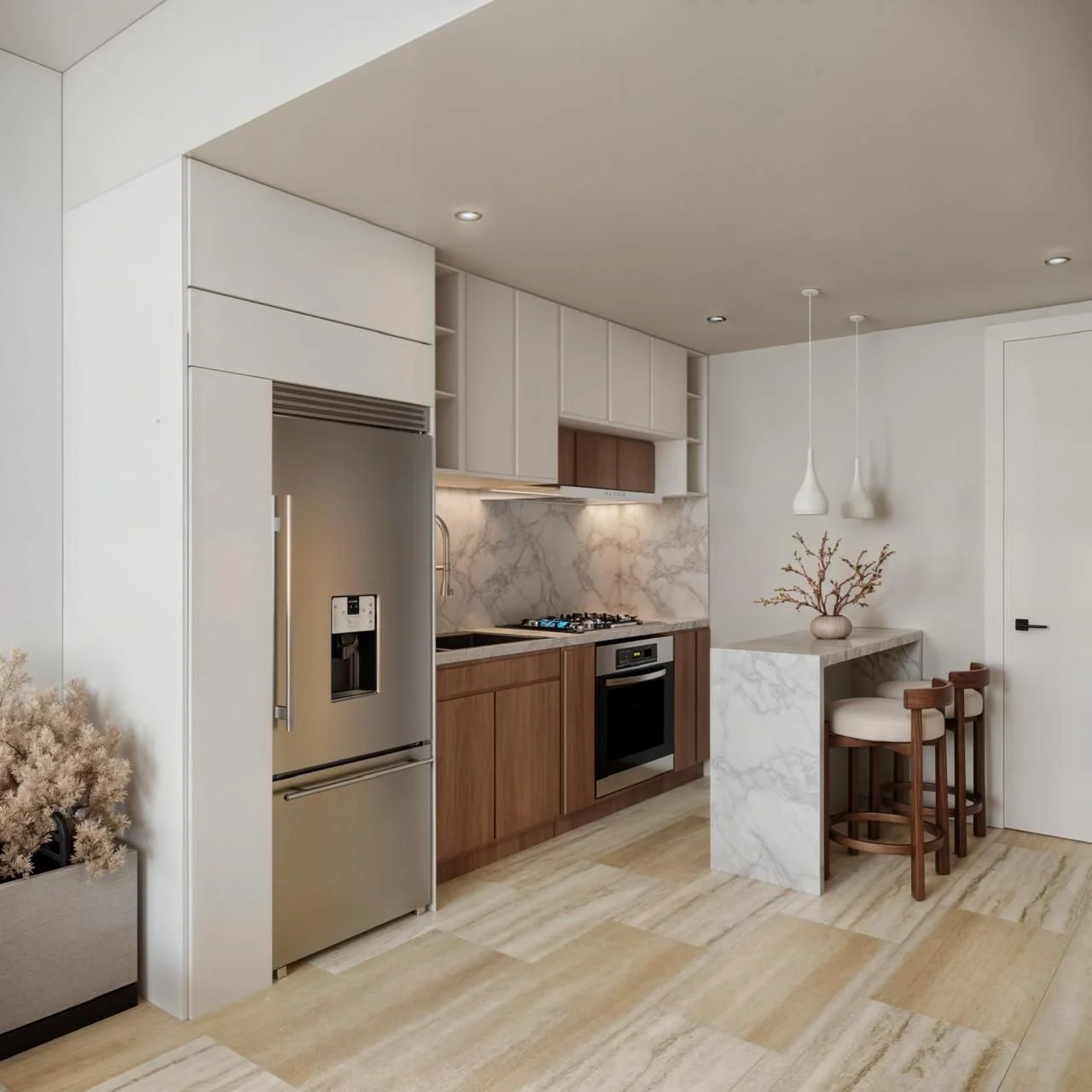 Modern kitchen with stainless steel refrigerator, wooden cabinets, marble backsplash, and a small marble counter with two bar stools and a vase with branches.