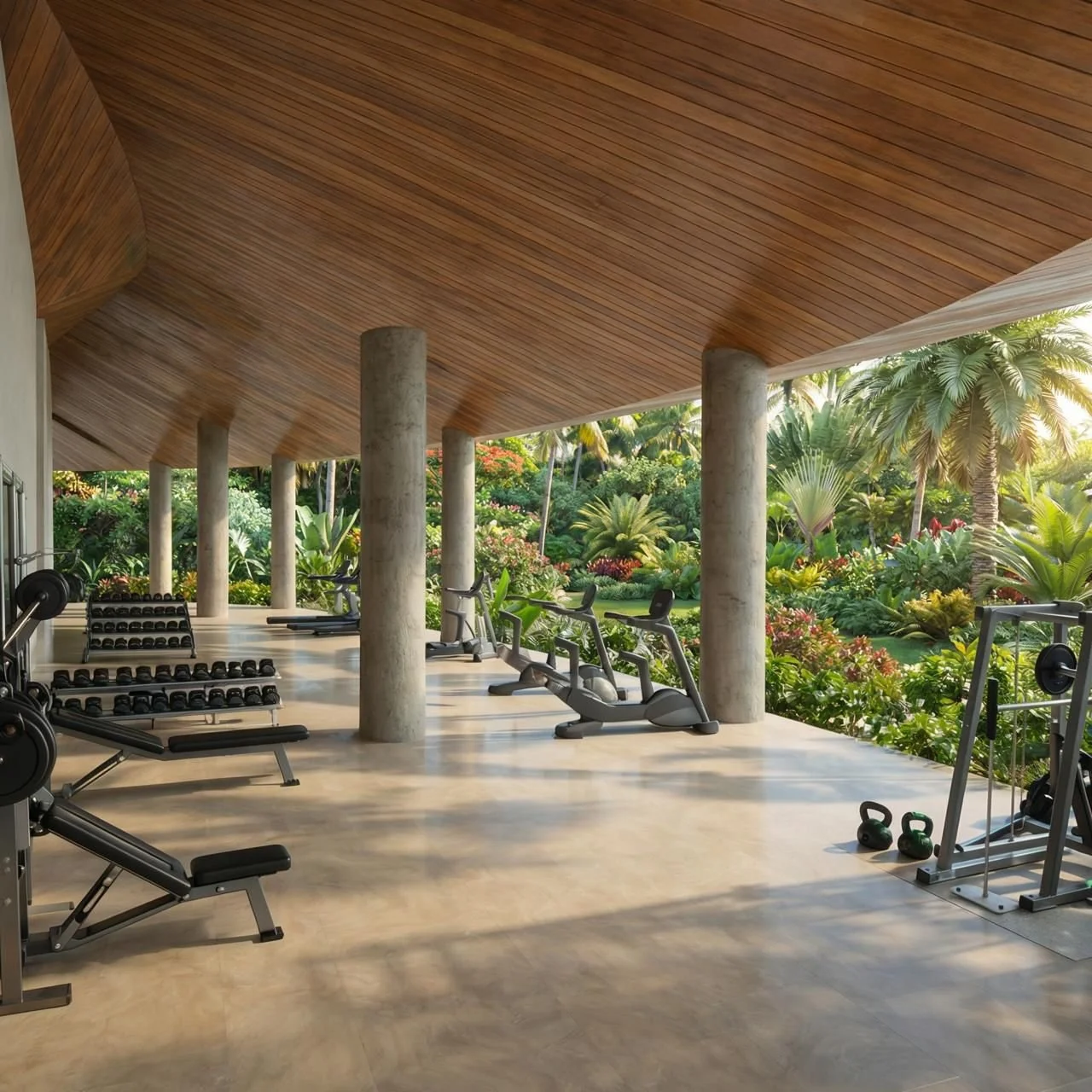 Indoor gym space with exercise equipment including dumbbells, rowing machines, and kettlebells, overlooking a lush tropical garden with palm trees and vibrant flowering plants.