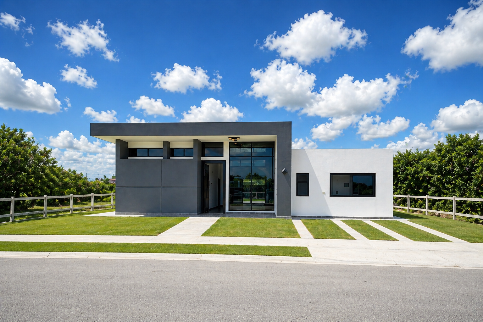 Modern house with black and white exterior, large glass windows, front yard with grass and sidewalk, under a blue sky with clouds.