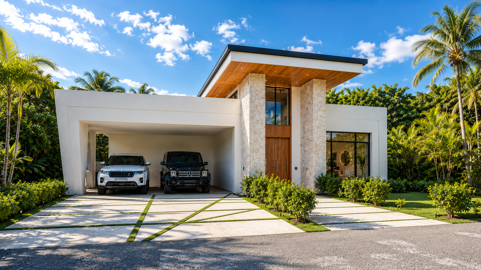 Modern two-story house with a white exterior, large glass windows, a wooden front door, and a flat roof. There is a driveway with two parked luxury cars and lush green landscaping with palm trees and shrubs surrounding the house.
