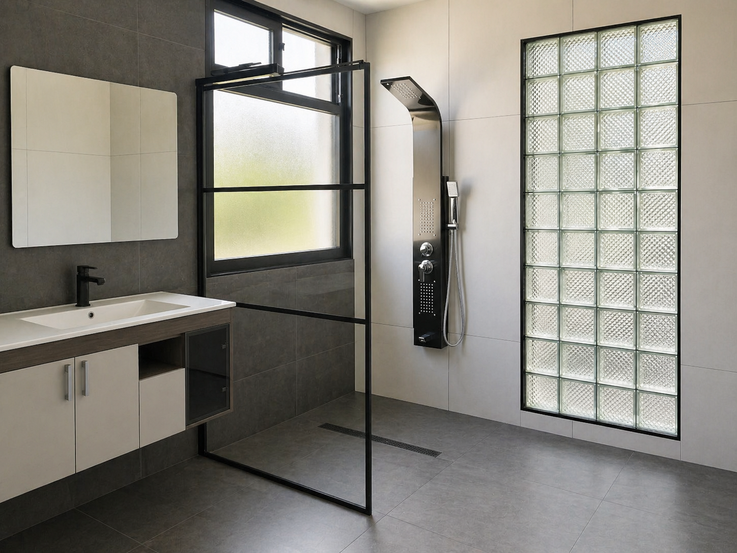 Modern bathroom with a vanity, mirror, frosted window, glass block wall, walk-in shower with shower panel, and gray tiled floors and walls.